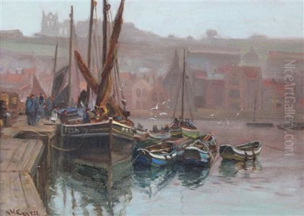 Fishing Boats In Harbour Oil Painting by Augustus William Enness