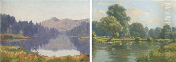 Summer On The River (+ Lake Landscape; 2 Works) Oil Painting by Augustus William Enness