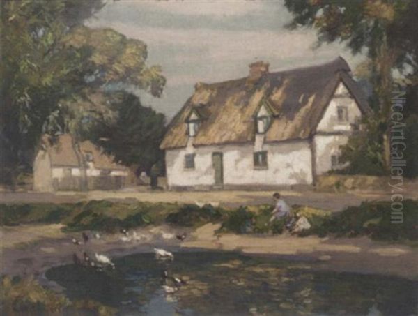 The Village Duck Pond, Dalham, Suffolk Oil Painting by Augustus William Enness