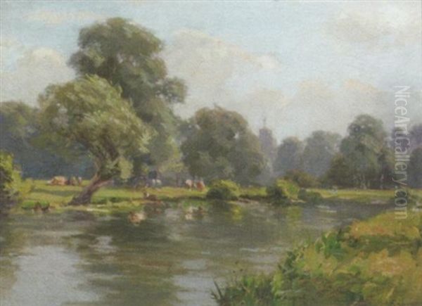 Cattle Grazing By A River Oil Painting by Augustus William Enness