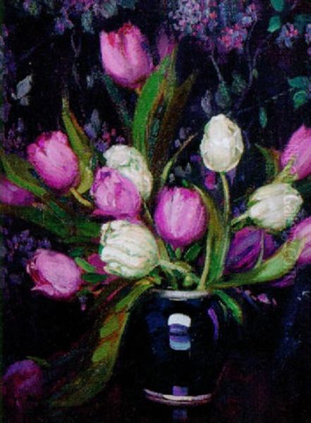 Tulips In A Blue Vase Oil Painting by Augustus William Enness