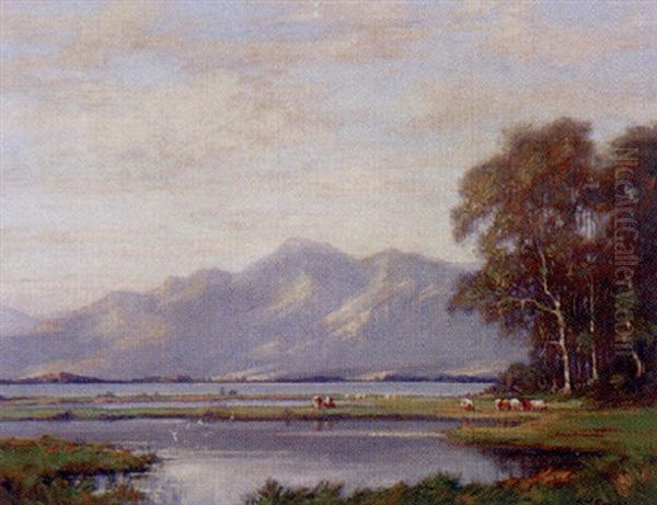 Cattle By A Still Lake, Mountains Beyond Oil Painting by Augustus William Enness