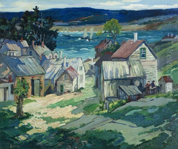 Town Along A Coastal Inlet With Sailboats Oil Painting by George Pearse Ennis