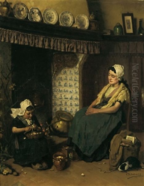 Hollandisches Interieur Mit Madchen Am Kamin Oil Painting by Charles Victor Ensinck