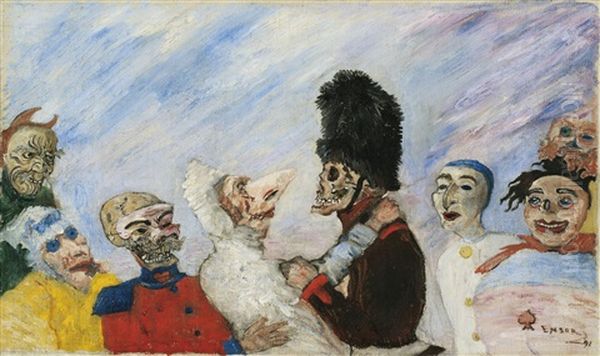 Squelette Arretant Masques Oil Painting by James Ensor