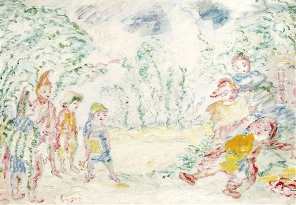 Gosses Multicolores En Liesse Sous La Feuillee - Jubilant Multicoloured Children Beneath The Trees (december 1938) Oil Painting by James Ensor