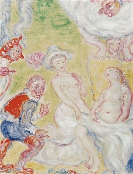 Une Figure Celebre, Jef Vogelpik Et Paul Rubens Reluquant Feminites Grassouillettes Oil Painting by James Ensor