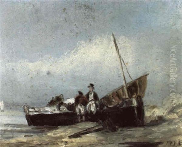 Barque Echouee Sur La Plage Et Deux Personnages Oil Painting by James Ensor