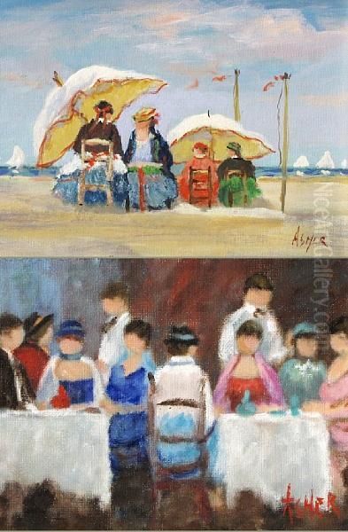 Afternoon At The Beach; A Stroll In The Park;the Birthday Party Oil Painting by Georges Ascher