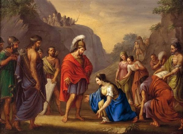 Abigail Vor Konig David Lebensmittel Darbietend; Die Auffindung Des Mosesknaben Durch Die Tochter Des Pharao (2 Works) Oil Painting by Johann Entfelder