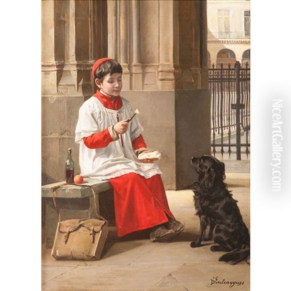 Boy Feeding Dog Oil Painting by Charles Bertrand d' Entraygues