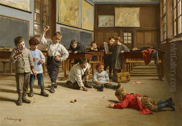 Schuljungen Beim Spielen Mit Kreiseln Im Klassenraum Oil Painting by Charles Bertrand d' Entraygues