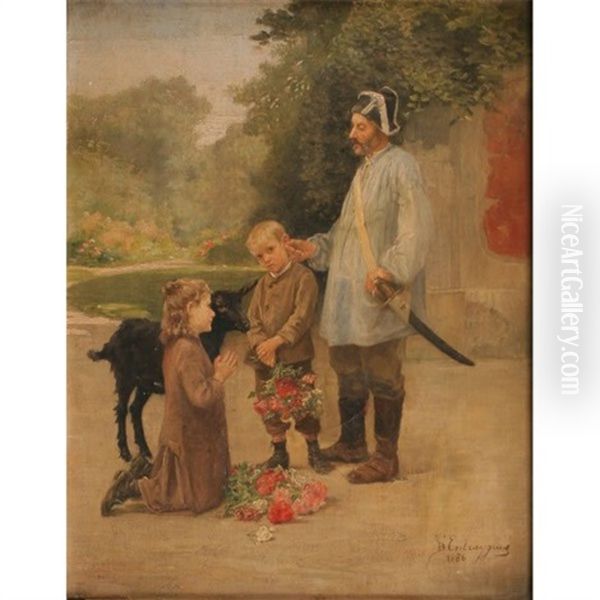 Collecting Flowers: Two Children With An Old Soldier Oil Painting by Charles Bertrand d' Entraygues