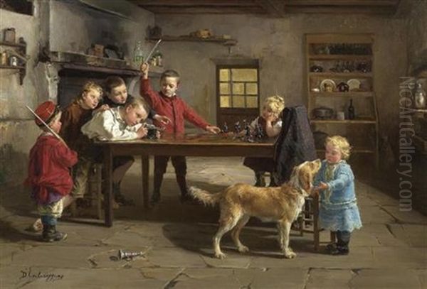 Interieur Mit Kindern Beim Spielen Oil Painting by Charles Bertrand d' Entraygues