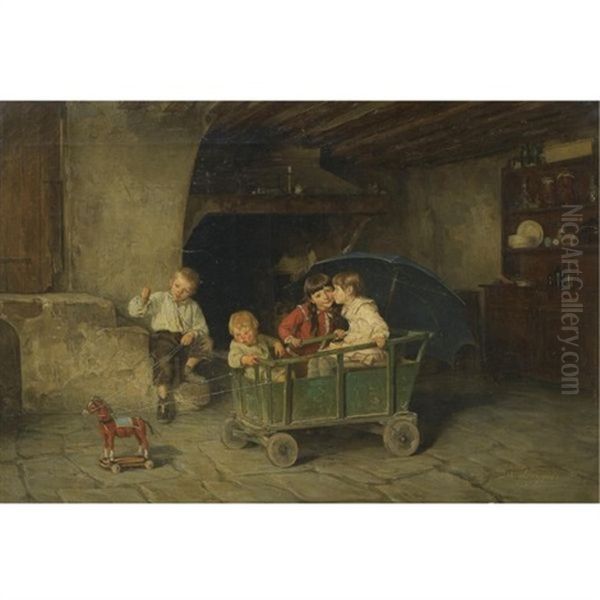 Chidren Playing Oil Painting by Charles Bertrand d' Entraygues