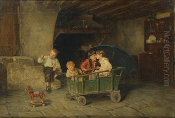 Enfants Jouant Oil Painting by Charles Bertrand d' Entraygues