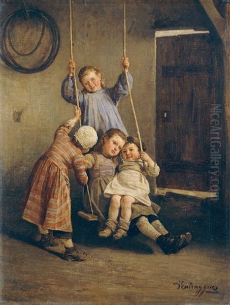 Vier Kleine Madchen An Einer Schaukel Oil Painting by Charles Bertrand d' Entraygues