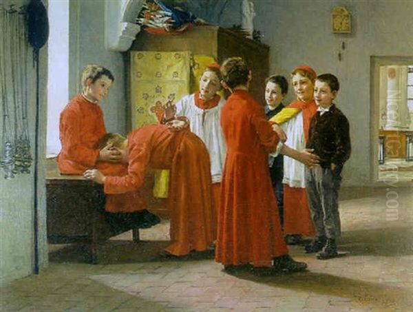 Choirboy Games Oil Painting by Charles Bertrand d' Entraygues