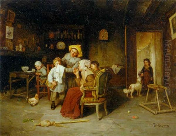 Domestic Interior Oil Painting by Charles Bertrand d' Entraygues