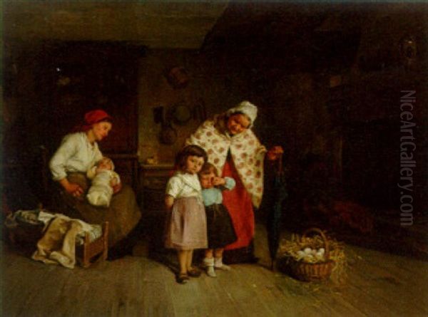 A Family In A Kitchen Interior Oil Painting by Charles Bertrand d' Entraygues