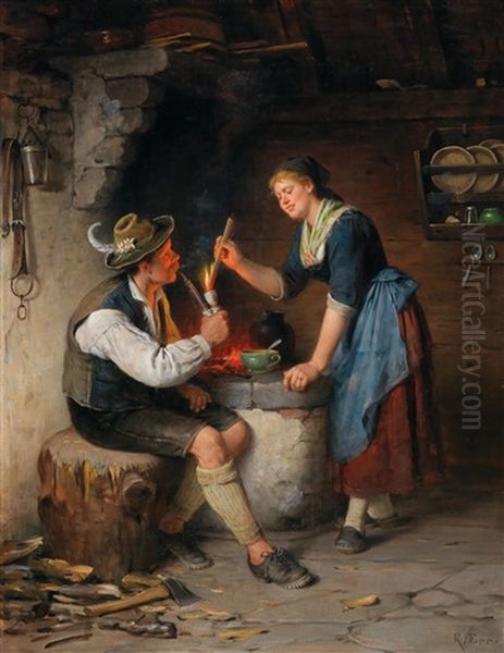 Young Couple By The Fireplace Oil Painting by Rudolf Epp