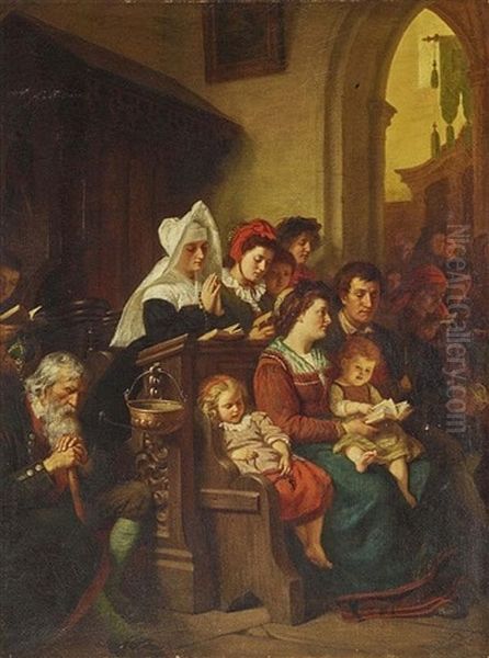 Attending A Mass Oil Painting by Rudolf Epp