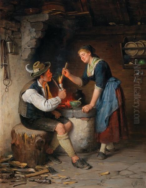 A Young Couple At The Fireplace by Rudolf Epp