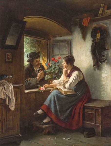 Schwarzwalder Stube Mit Tandelndem Paar Am Fenster Oil Painting by Rudolf Epp