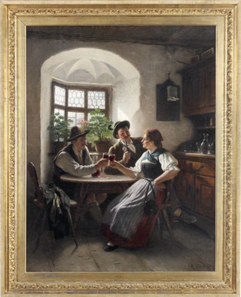 Wirtshausinterieur Mit Magd Und Zwei Burschen Beim Wein Oil Painting by Rudolf Epp