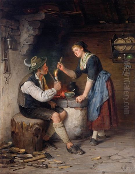 Junges Paar An Der Feuerstelle Oil Painting by Rudolf Epp