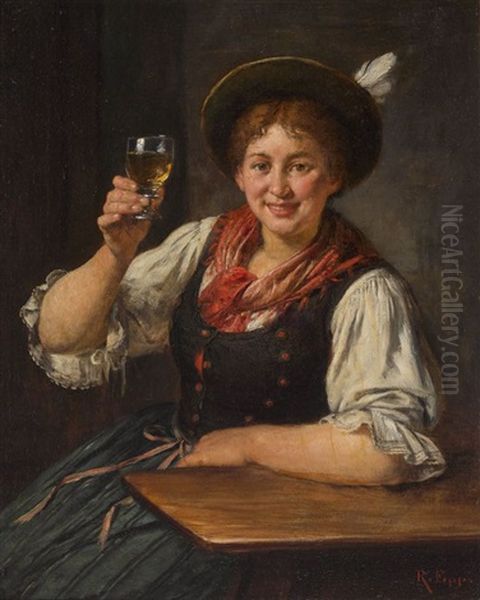 Dirndl Mit Erhobenem Weinglas Oil Painting by Rudolf Epp