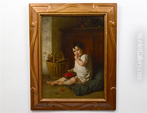 Interior Scene With Young Child Eating Cherries Oil Painting by Rudolf Epp