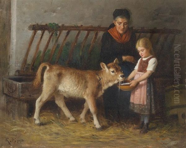 Futterung Des Kalbchens Oil Painting by Rudolf Epp