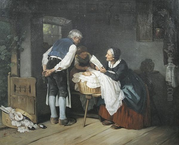 In Der Stube. Bauernfamilie An Der Wiege Eines Kindes Oil Painting by Rudolf Epp