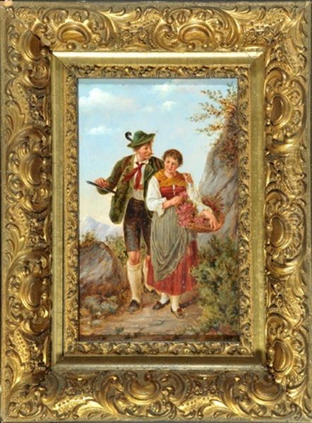 Wildschutz Und Dirndl Mit Almrosen In Den Bergen Oil Painting by Rudolf Epp