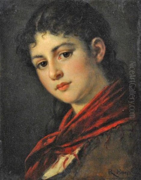 Girl With Red Scarf Oil Painting by Rudolf Epp