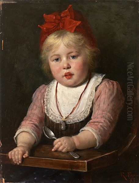 Portrait Eines Pausbackigen Kleinen Madchens, Im Kinderstuhl Auf Das Essen Wartend Oil Painting by Rudolf Epp