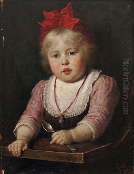 Portrait Eines Pausbackigen Kleinen Madchens, Im Kinderstuhl Auf Das Essen Wartend Oil Painting by Rudolf Epp