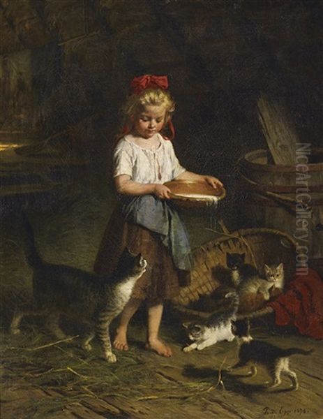 Madchen Ihre Katzen Futternd Oil Painting by Rudolf Epp