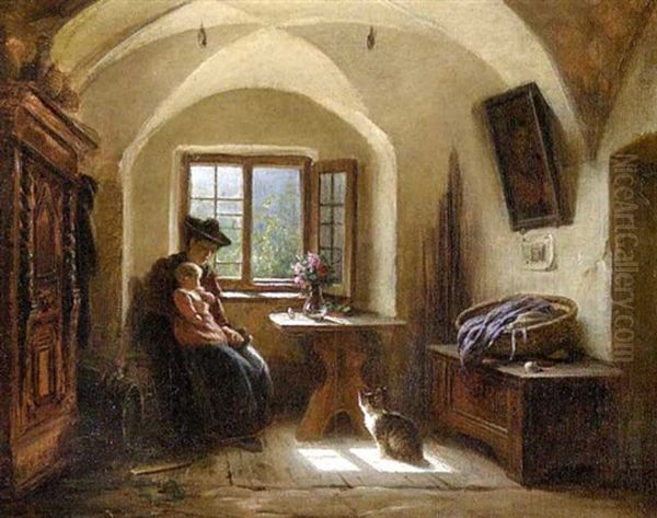 Mutter Mit Kind Am Fenster Oil Painting by Rudolf Epp