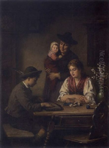 Zither Spielender Bub In Der Stube Mit Familie Oil Painting by Rudolf Epp