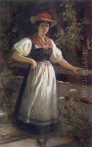 Schwarzwalder Bauernmadchenin Gutachter Tracht Oil Painting by Rudolf Epp