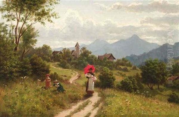 Mutter Mit Ihren Kindern In Sommerlicher Voralpenlandschaft Oil Painting by Rudolf Epp