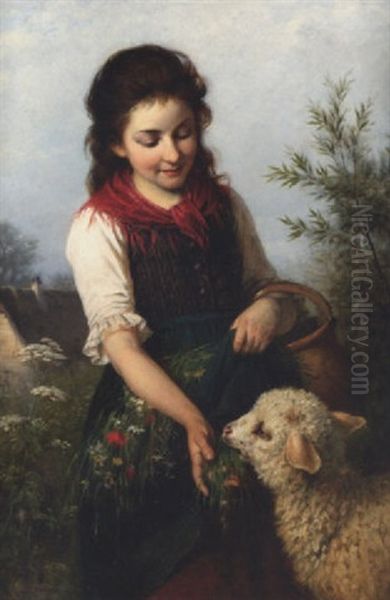 A Young Girl Feeding A Lamb Oil Painting by Rudolf Epp