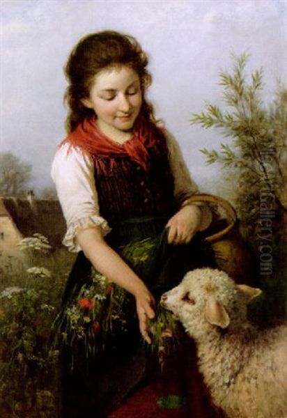 Madchen Beim Futtern Eines Lammchens Oil Painting by Rudolf Epp