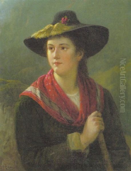 Tiroler Madchen In Tracht Und Mit Almrausch Am Hut Oil Painting by Rudolf Epp