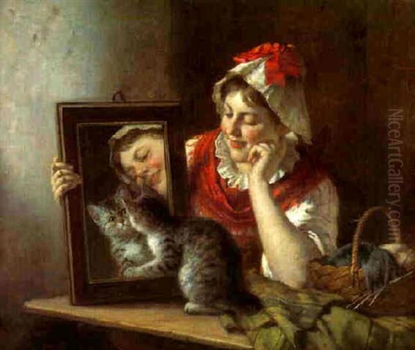 Spiel Eines Jungen Madchens Mit Ihrer Katze Um Das Eigene Spiegelbild Oil Painting by Rudolf Epp