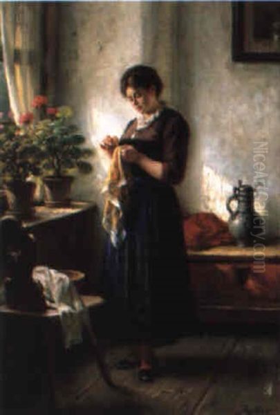 Sewing By A Sunny Window Oil Painting by Rudolf Epp