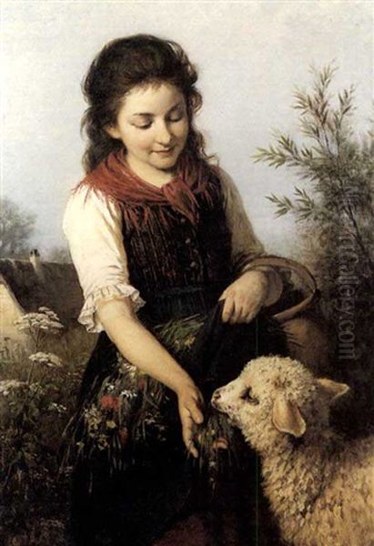 Feeding The Lamb Oil Painting by Rudolf Epp