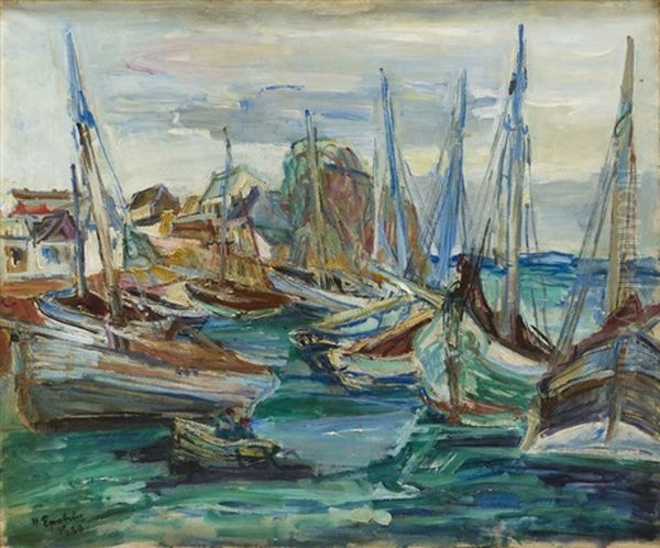 Boats In Harbour Oil Painting by Henri Epstein